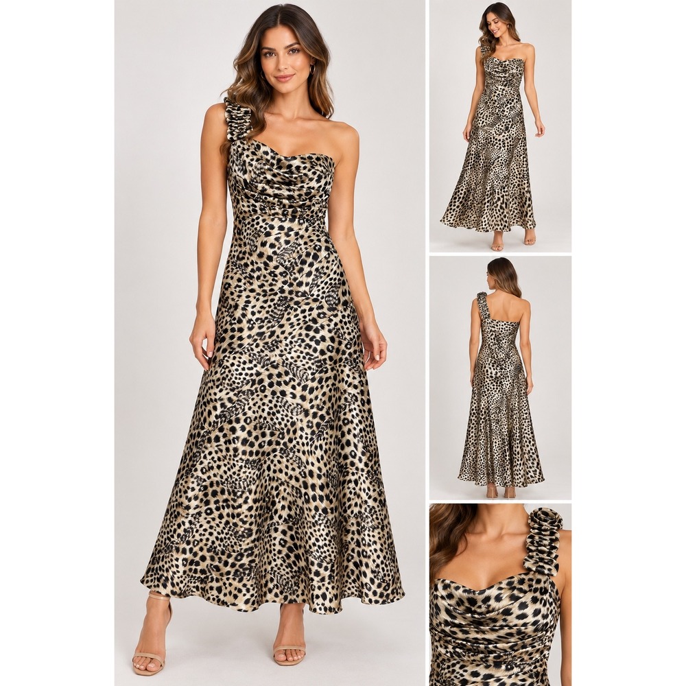 One Shoulder Leopard Print Ruched Maxi Dress Satin Floral Detail Brown Tan